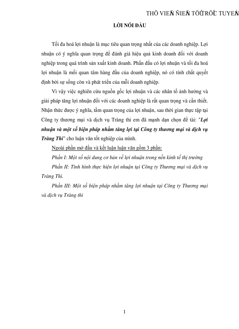Lợi nhuận và một số biện pháp nhằm tăng lợi tại Công ty thương mại và dịch vụ Tràng Thi