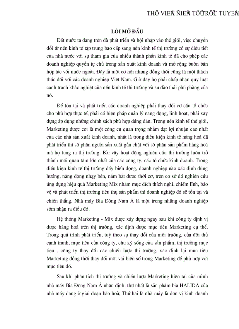 Một vài giải pháp ứng dụng Marketing Mix vào hoạt động phát triển thị trường tiêu thụ sản phẩm HALIDA của nhà máy bia Đông Nam á