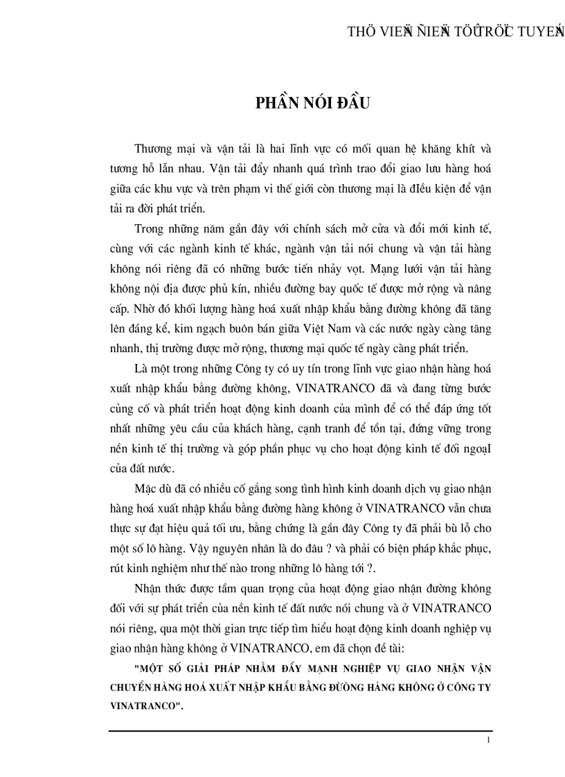 Một số giảI pháp nhằm đẩy mạnh nghiệp vụ giao nhận vận chuyển hàng hoá xuất nhập khẩu bằng đừòng hàng không ở Công ty VINATRANCO