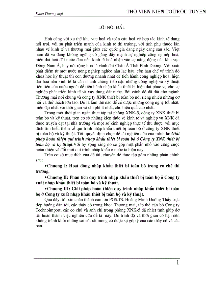Giải pháp hoàn thiện qui trình nhập khẩu thiết bị toàn bộ ở Công ty XNK thiết bị toàn bộ và kỹ thuật