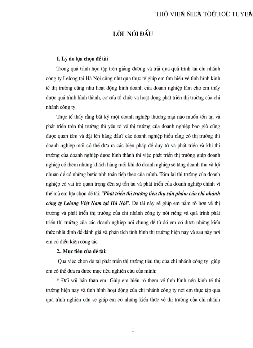 Phát triển thị trường tiêu thụ sản phẩm của chi nhánh công ty Lelong Việt Nam tại Hà Nội