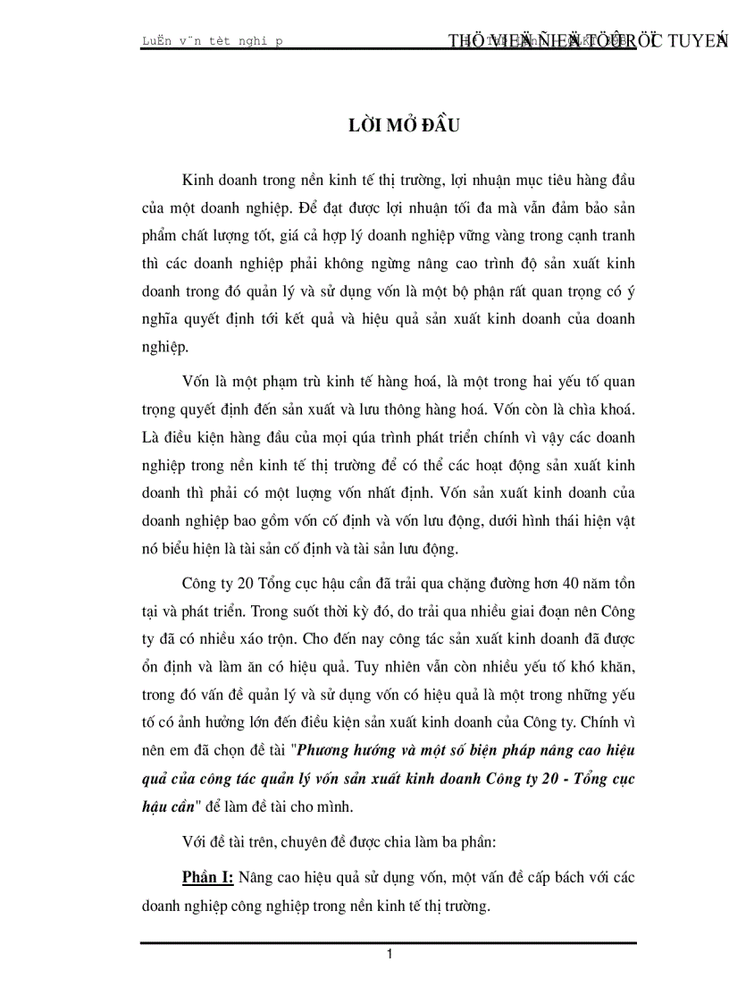 Phương hướng và một số biện pháp nâng cao hiệu quả của công tác quản lý vốn sản xuất kinh doanh Công ty 20 Tổng cục hậu cần