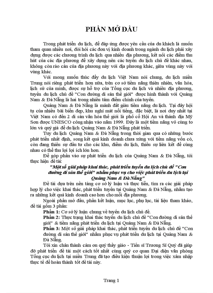 Một số giải pháp khai thác phát triển tuyến du lịch chủ đề con đường di sản thế giới nhằm phục vụ cho việc phát triển du lịch tại quảng nam đà nẵng