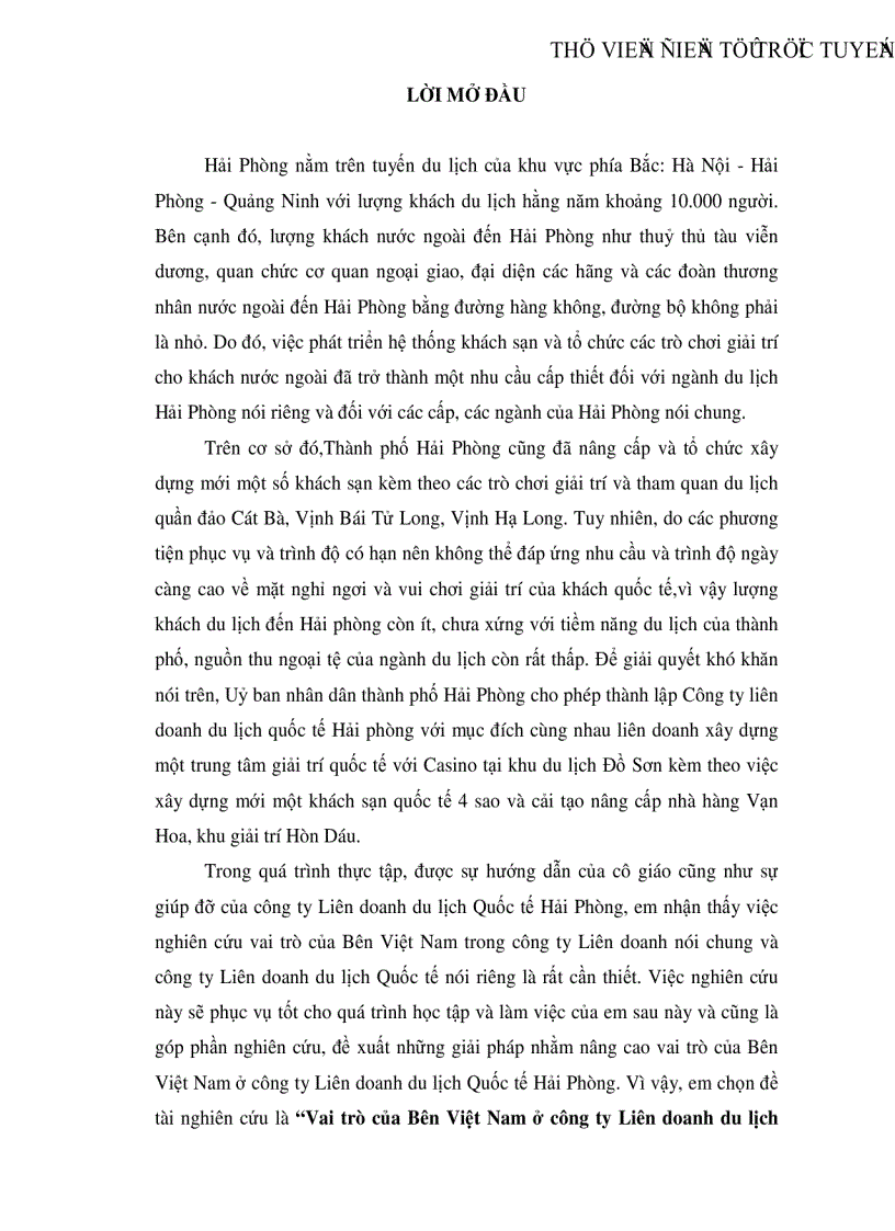 Vai trò của Bên Việt Nam ở công ty Liên doanh du lịch Quốc tế Hải Phòng thực trạng bài học và giải pháp