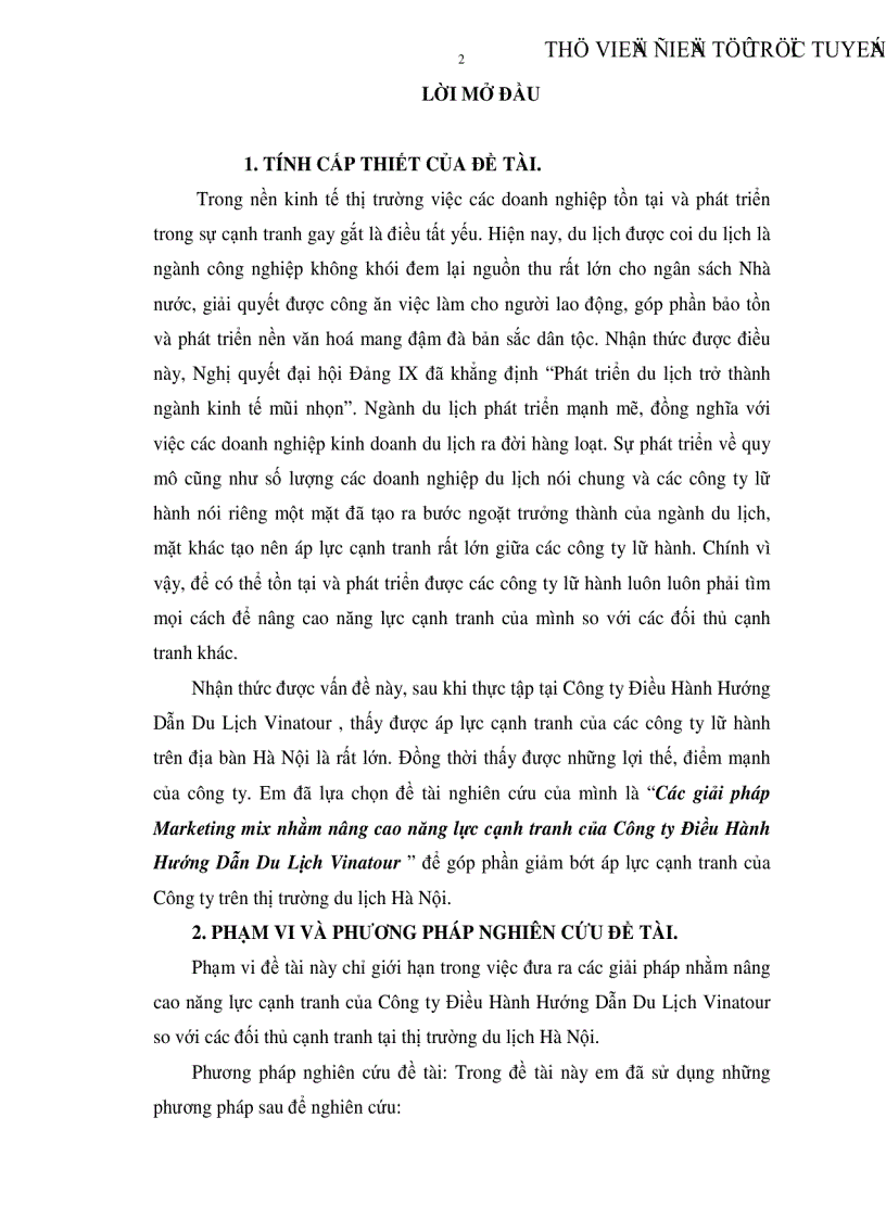 Các giải pháp Marketing mix nhằm nâng cao năng lực cạnh tranh của Công ty Điều Hành Hướng Dẫn Du Lịch Vinatour