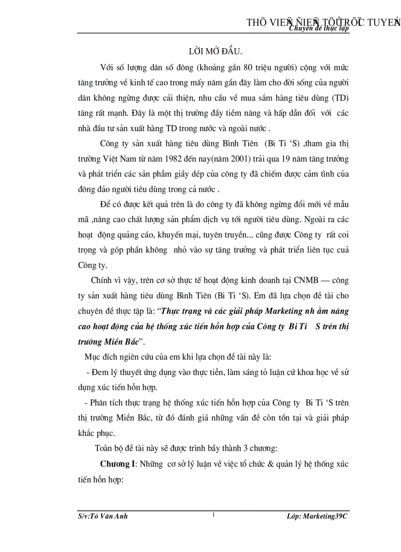 Thực trạng và các giải pháp Marketing nhằm nâng cao hoạt động của hệ thống xúc tiến hỗn hợp của Công ty Bi Ti S trên thị trường Miền Bắc