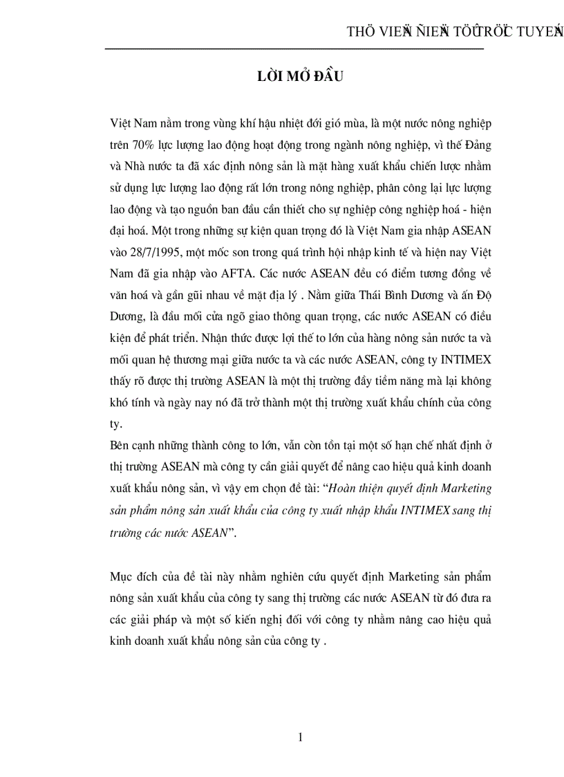 Hoàn thiện quyết định Marketing sản phẩm nông sản xuất khẩu của công ty xuất nhập khẩu INTIMEX sang thị trường các nước ASEAN
