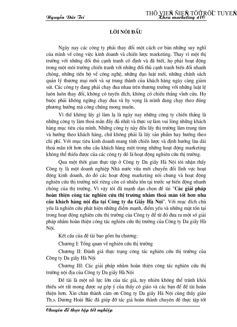 Các giải pháp hoàn thiện công tác nghiên cứu thị trường nhằm thoả mãn tốt hơn nhu cầu khách hàng nội địa tại Công ty da Giầy Hà Nội