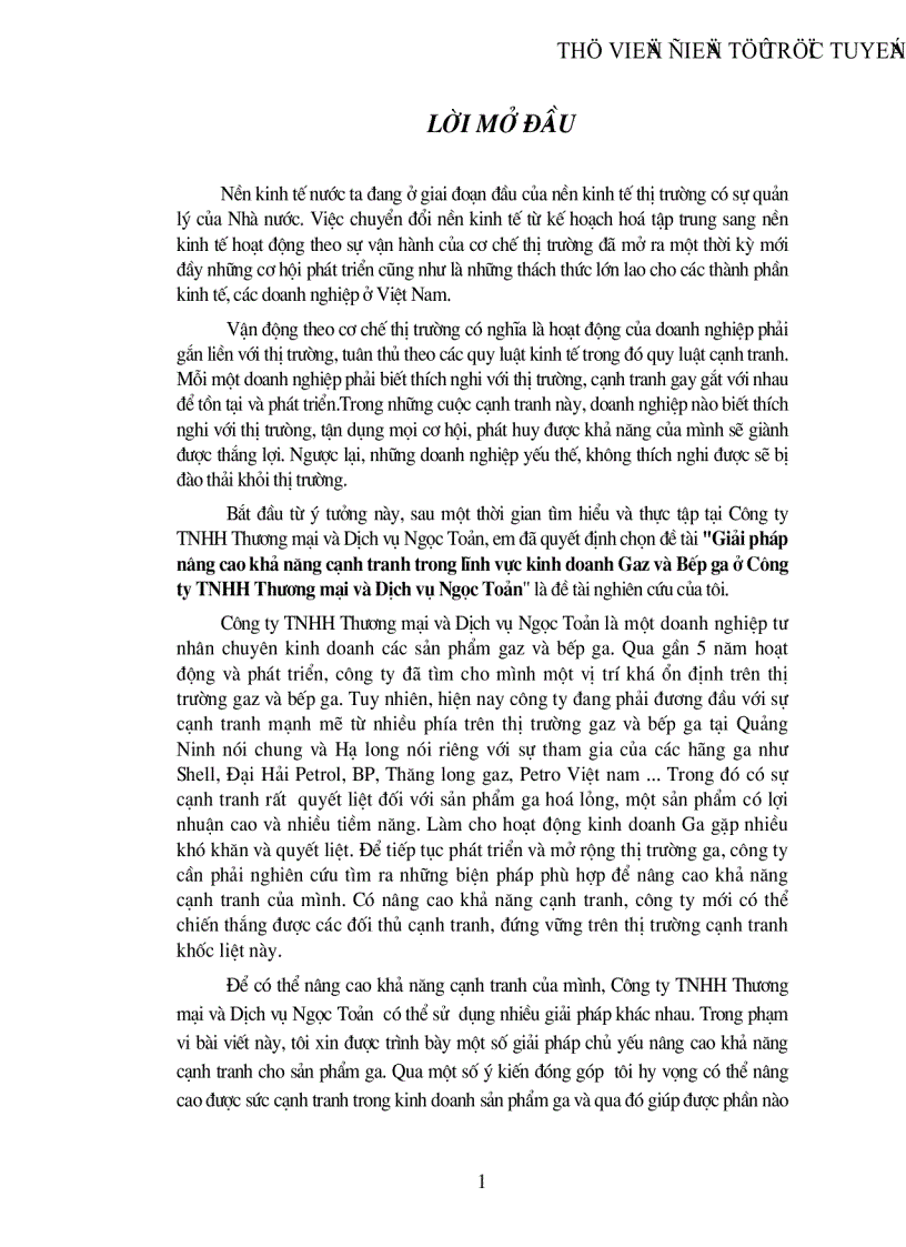 Giải pháp nâng cao khả năng cạnh tranh trong lĩnh vực kinh doanh Gaz và Bếp ga ở Công ty TNHH Thương mại và Dịch vụ Ngọc Toản