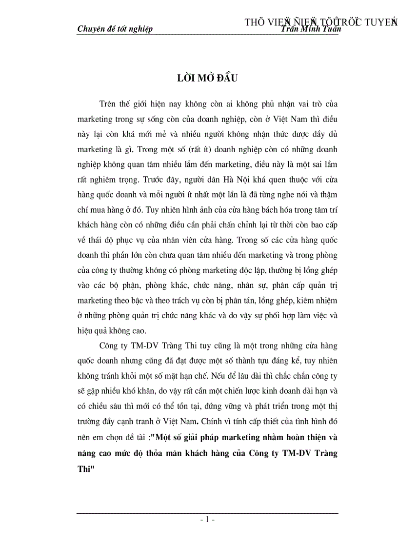 Một số giải pháp marketing nhằm hoàn thiện và nâng cao mức độ thỏa mãn khách hàng của Công ty TM DV Tràng Thi