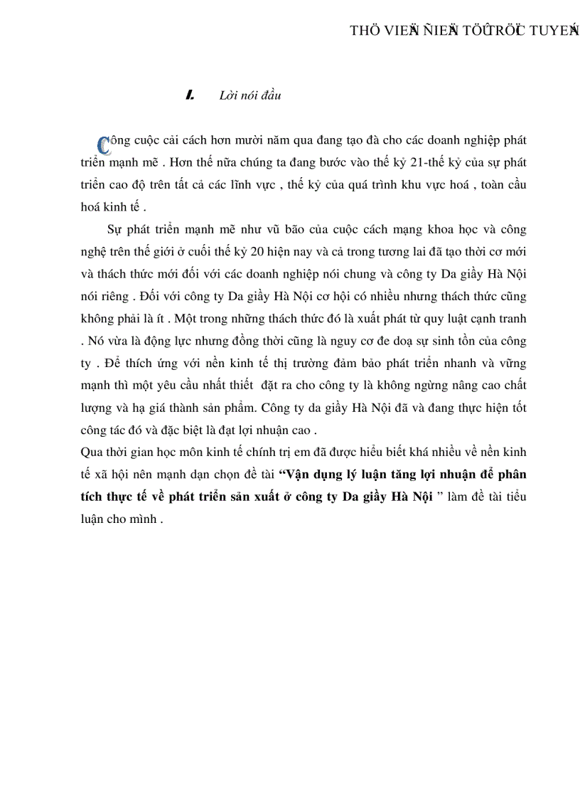 Vận dụng lý luận tăng lợi nhuận để phân tích thực tế về phát triển sản xuất ở công ty Da giầy Hà Nội