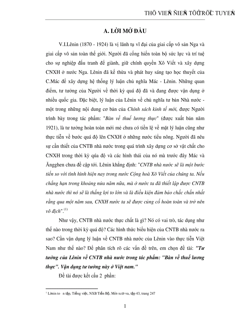 Tư tưởng của Lênin về CNTB nhà nước trong tác phẩm Bàn về thuế lương thực Vận dụng tư tưởng này ở Việt nam
