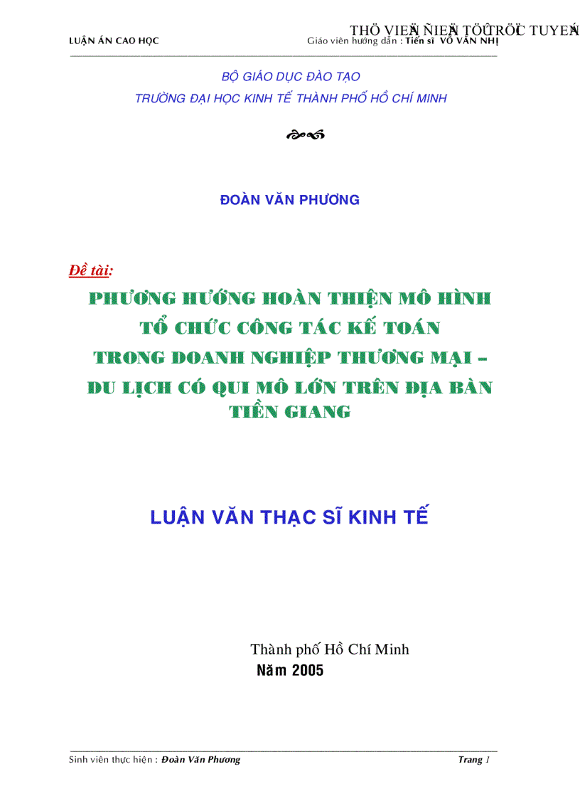 Phương hướng hoàn thiện mô hình tổ chức công tác kế toán trong doanh nghiệp thương mại du lịch có qui mô lớn trên địa bàn Tiền Giang