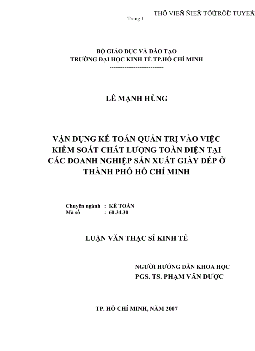 Vận dụng kế toán quản trị vào việc kiểm soát chất lượng toàn diện tại các doanh nghiệp sản xuất giày dép ở thành phố Hồ Chí Minh