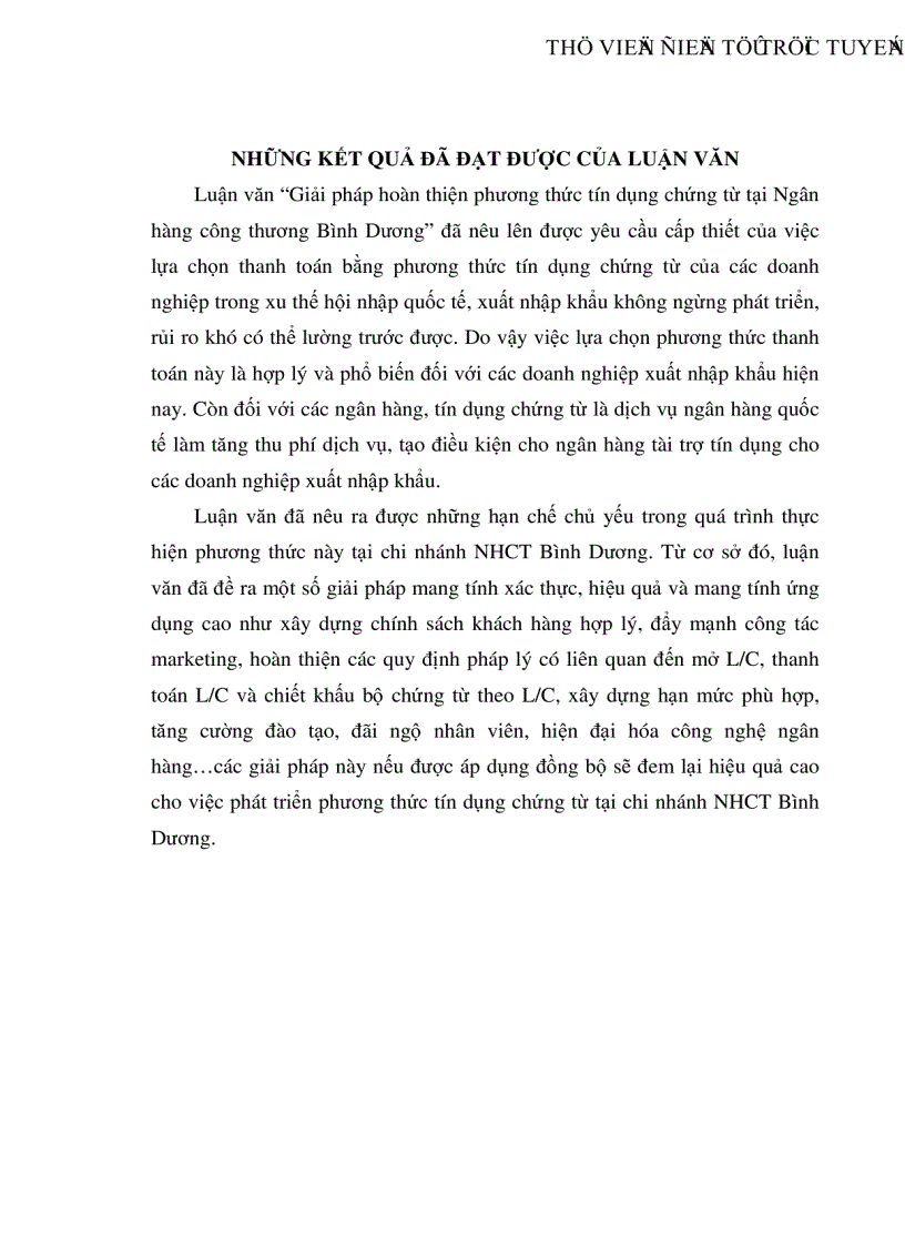 Những giải pháp hoàn thiện phương thức tín dụng chứng từ tại chi nhánh Ngân hàng công thương Bình Dương