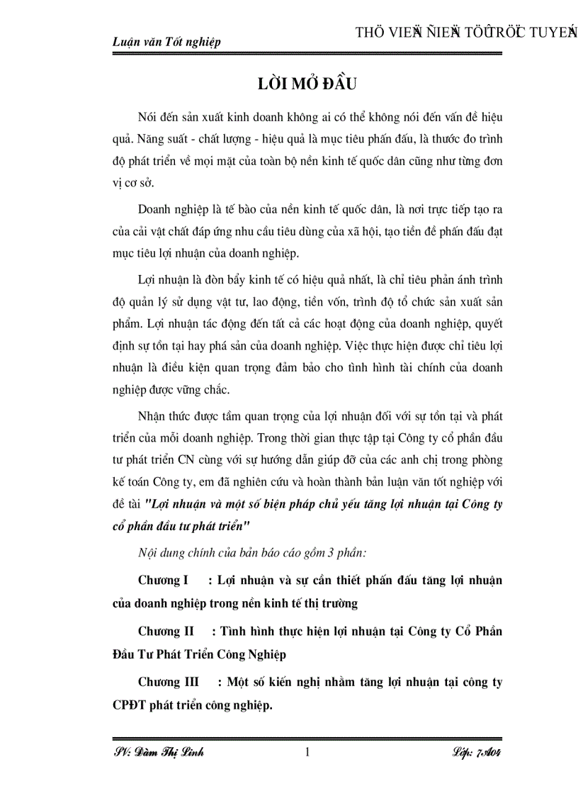 Lợi nhuận và một số biện pháp chủ yếu tăng lợi nhuận tại Công ty cổ phần đầu tư phát triển