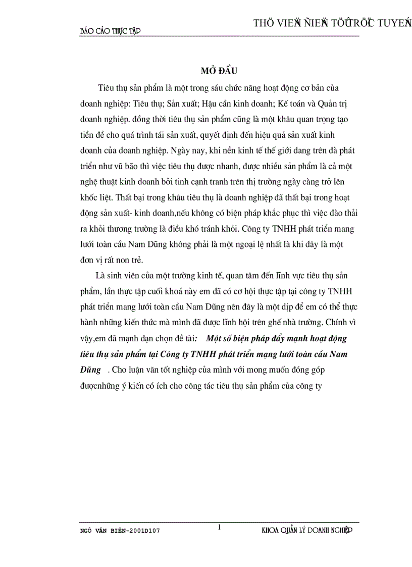 Một số biện pháp đẩy mạnh hoạt động tiêu thụ sản phẩm tại Công ty TNHH phát triển mạng lưới toàn cầu Nam Dũng