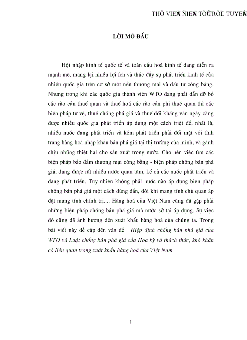 Hiệp định chống bán phá giá của WTO và Luật chống bán phá giá của Hoa kỳ và thách thức khó khăn có liên quan trong xuất khẩu hàng hoá của Việt Nam