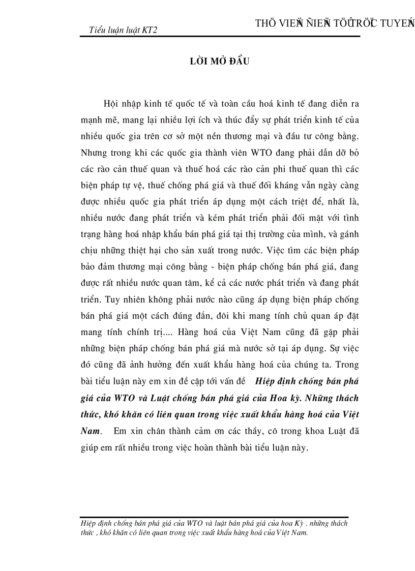 Hiệp định chống bán phá giá của WTO và Luật chống bán phá giá của Hoa kỳ Những thách thức khó khăn có liên quan trong việc xuất khẩu hàng hoá của Việt Nam