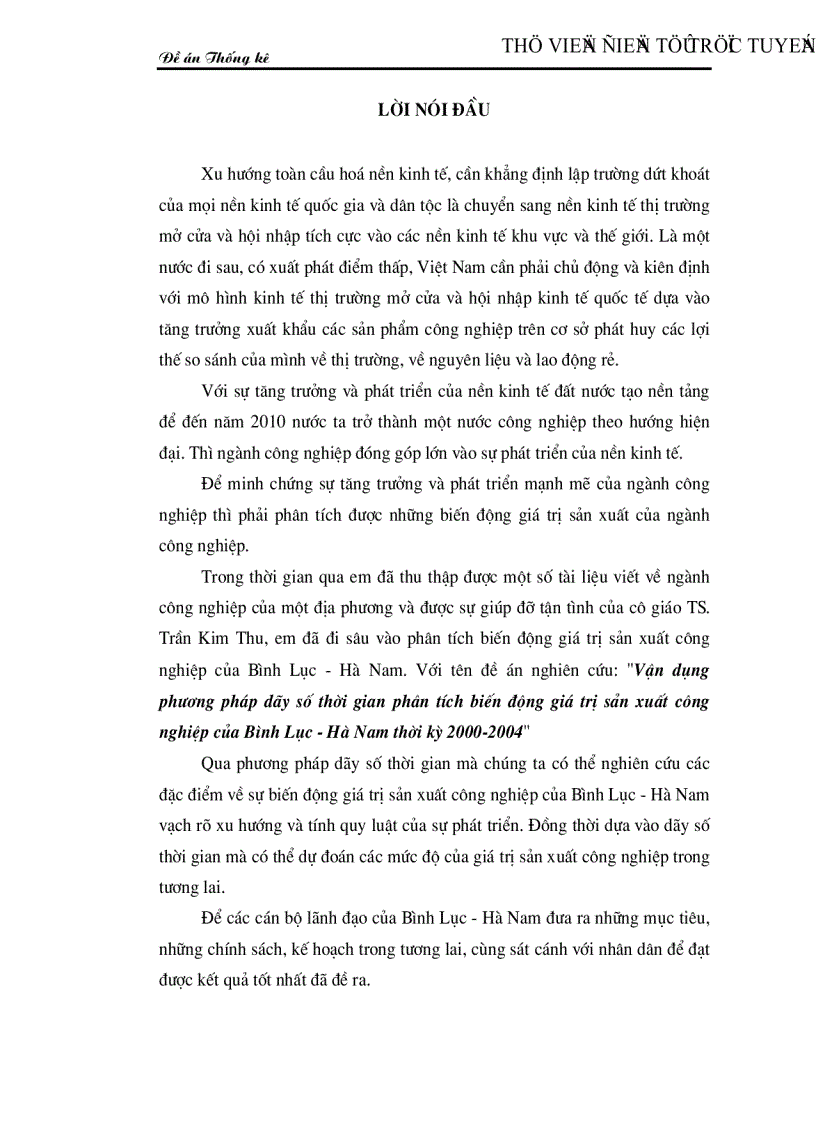 Vận dụng phương pháp dãy số thời gian phân tích biến động giá trị sản xuất công nghiệp của Bình Lục Hà Nam thời kỳ 2000 2004