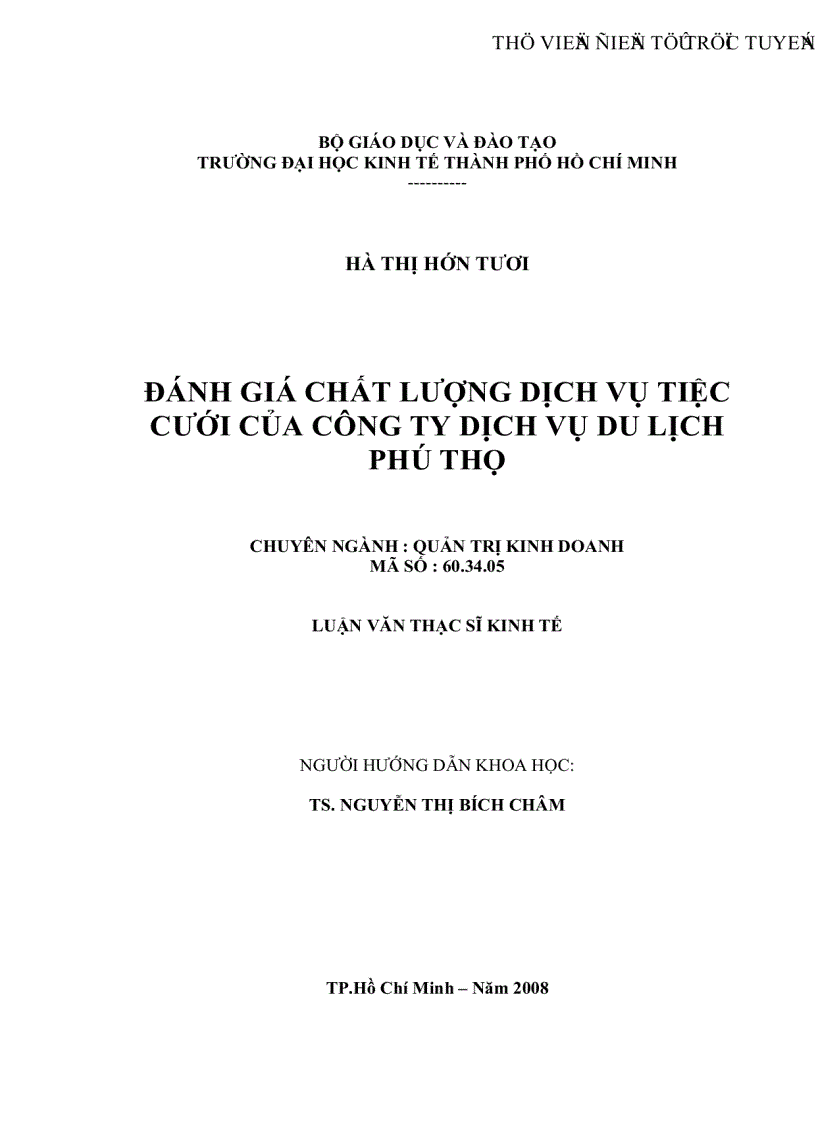 Đánh giá chất lượng dịch vụ tiệc cưới của công ty dịch vụ du lịch Phú Thọ