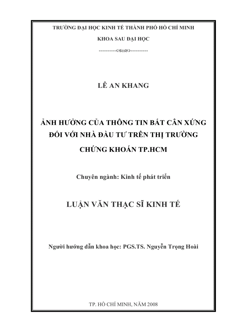 Ảnh hưởng của thông tin bất cân xứng đối với nhà đầu tư trên thị trường chứng khoán Thành phố Hồ Chí Minh