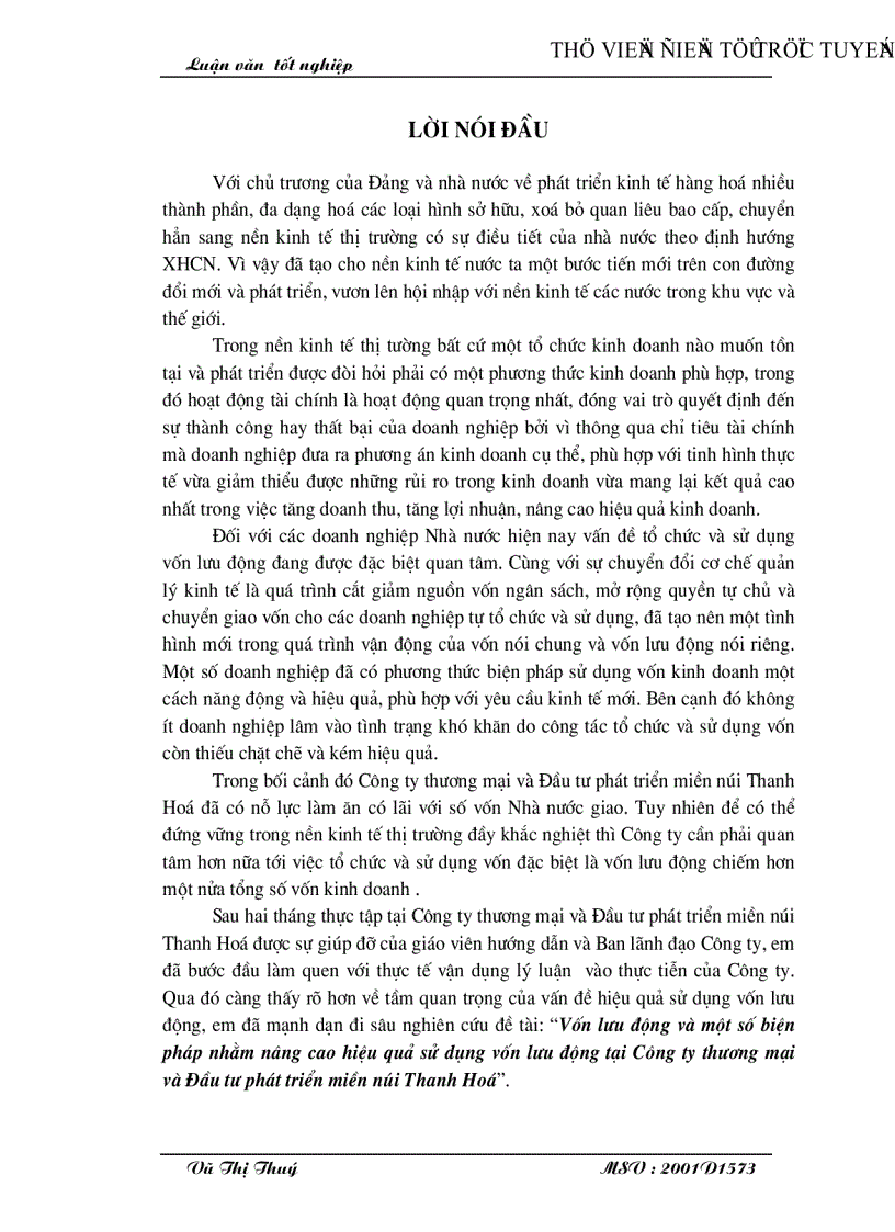 Vốn lưu động và một số biện pháp nhằm nâng cao hiệu quả sử dụng vốn lưu động tại Công ty thương mại và Đầu tư phát triển miền núi Thanh Hoá