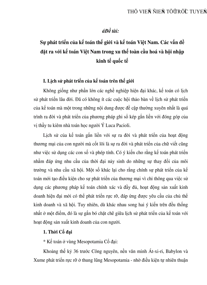 Sự phát triển của kế toán thế giới và kế toán Việt Nam Các vấn đề đặt ra với kế toán Việt Nam trong xu thế toàn cầu hoá và hội nhập kinh tế quốc tế