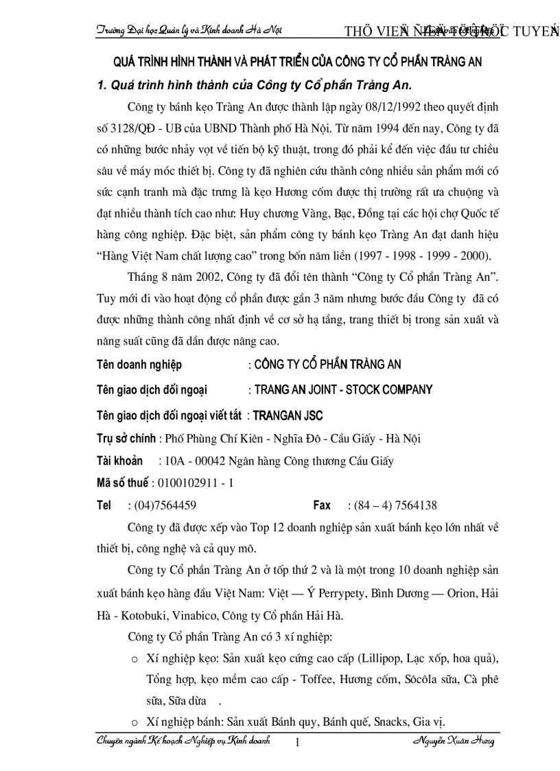Thực trạng và phương hướng phát triển nhằm nâng cao chất lượng sản phẩm tại công ty cổ phần Tràng An
