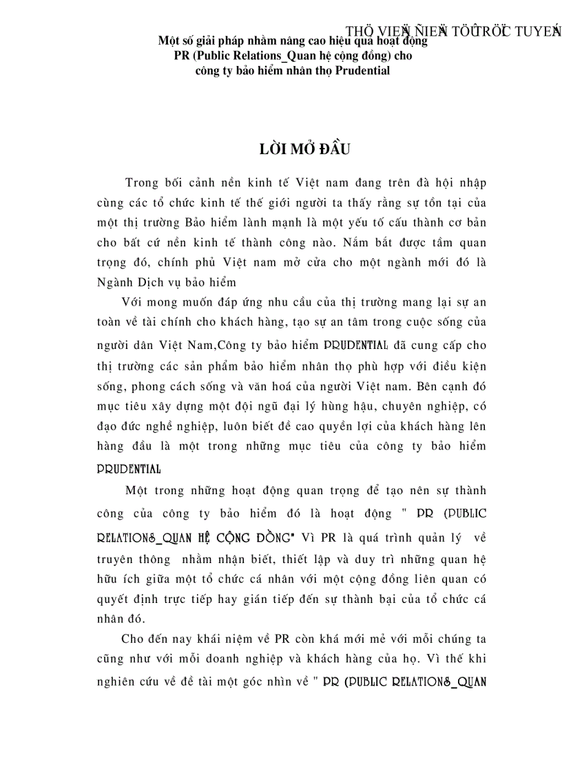 Một số giải pháp nhằm nâng cao hiệu quả hoạt động PR Public Relations Quan hệ cộng đồng cho công ty bảo hiểm nhân thọ Prudential