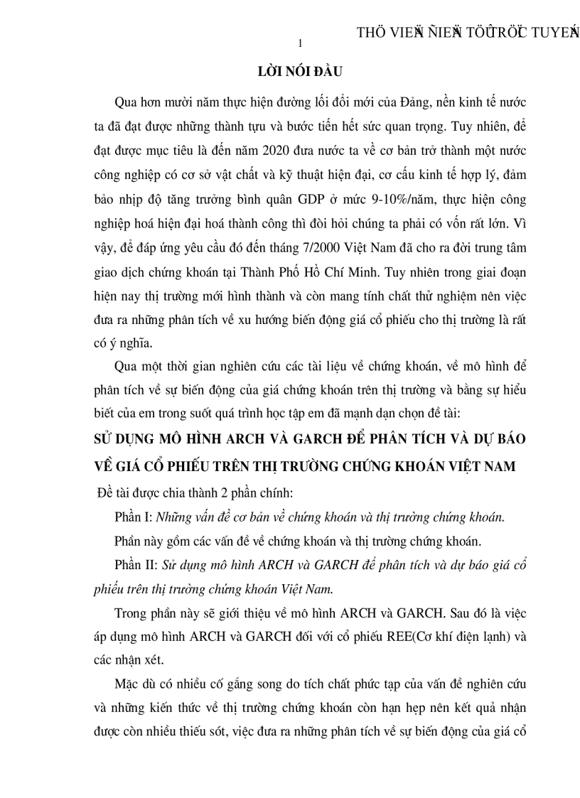 Sử dụng mô hình arch và garch để phân tích và dự báo về giá cổ phiếu trên thị trường chứng khoán việt nam