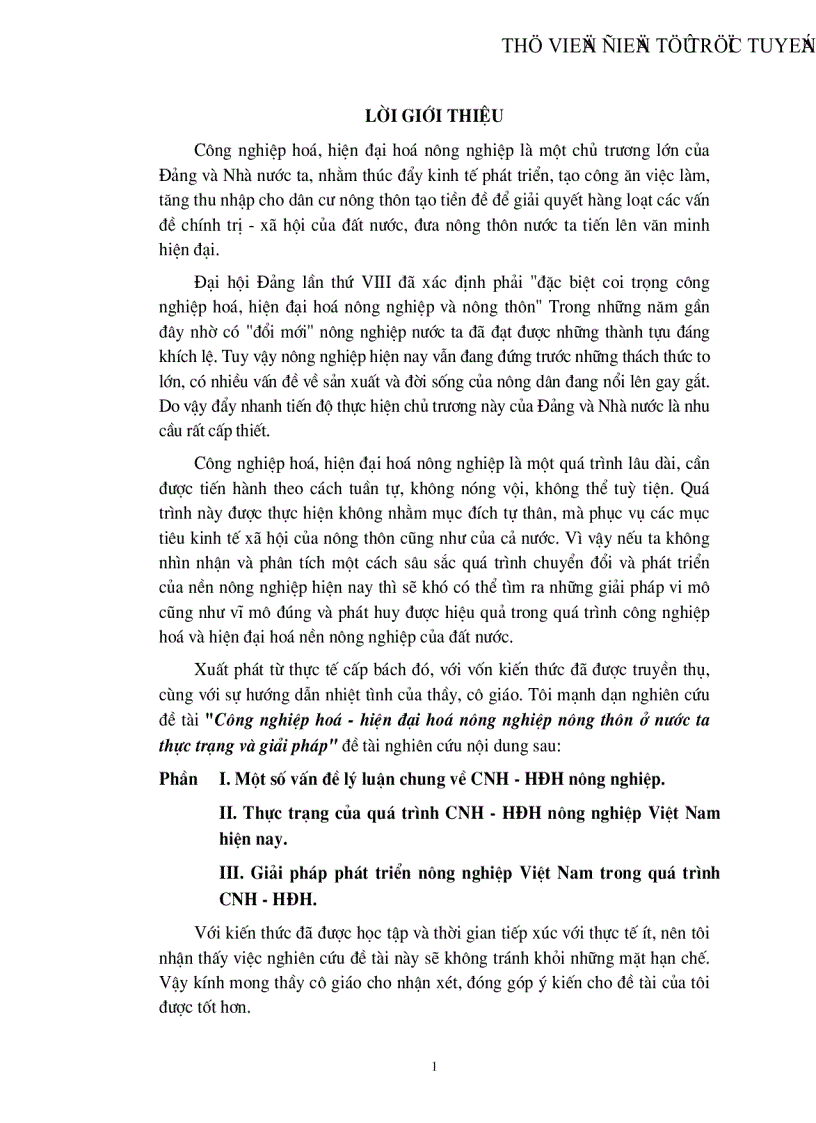 Công nghiệp hoá hiện đại hoá nông nghiệp nông thôn ở nước ta thực trạng và giải pháp