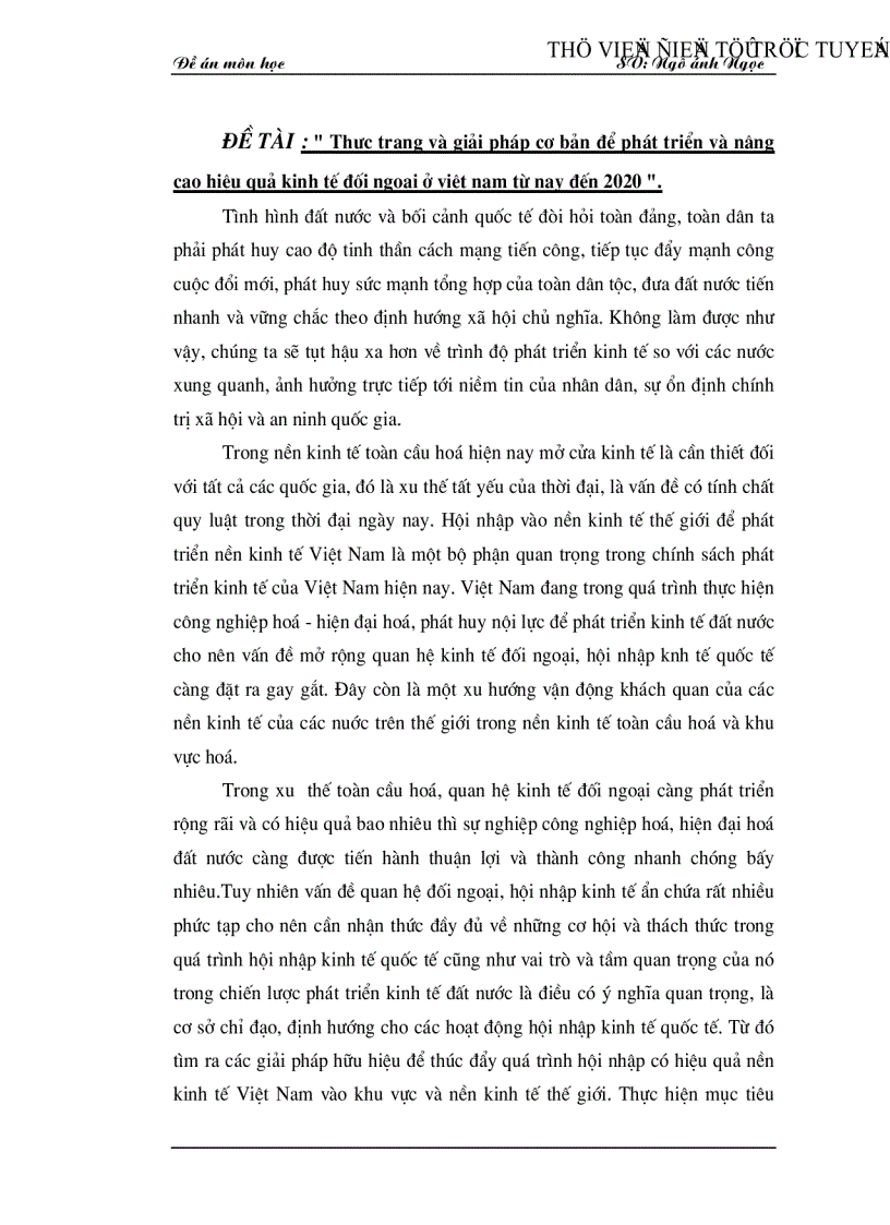Thực trạng và giải pháp cơ bản để phát triển và nâng cao hiệu quả kinh tế đối ngoại ở Việt Nam từ nay đến 2020
