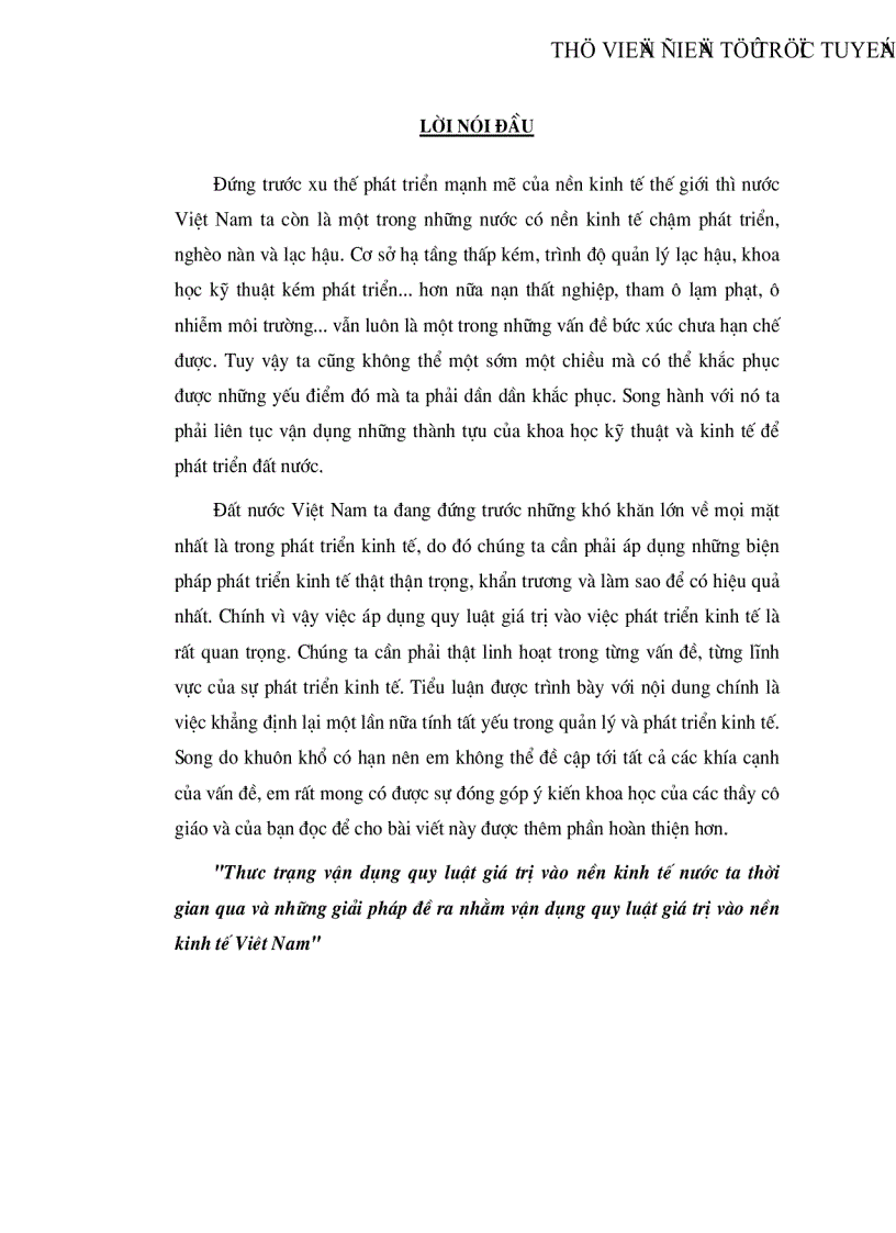 Thưc trạng vận dụng quy luật giá trị vào nền kinh tế nước ta thời gian qua và những giải pháp đề ra nhằm vận dụng quy luật giá trị vào nền kinh tế Viêt Nam