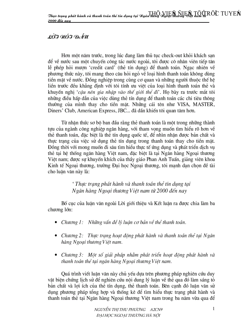 Thực trạng phát hành và thanh toán thẻ tín dụng tại Ngân hàng Ngoại thương Việt nam từ 2000 đến nay