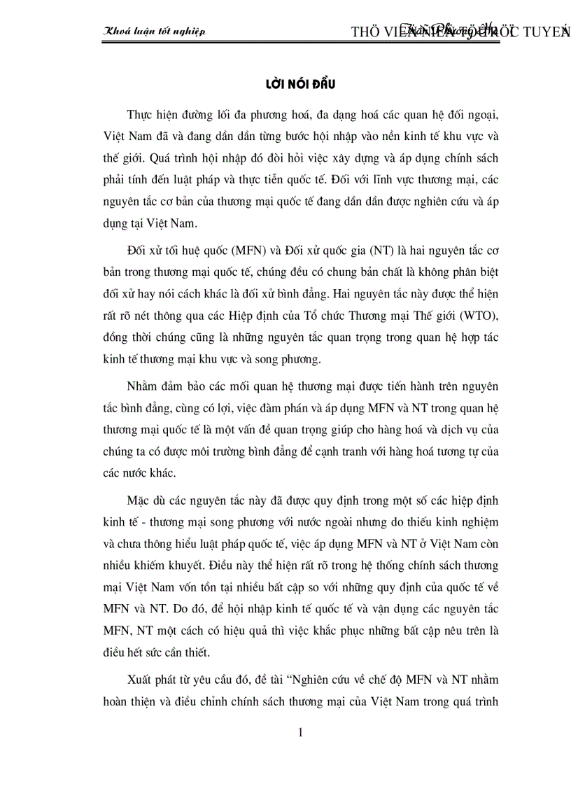 Nghiên cứu về chế độ MFN và NT nhằm hoàn thiện và điều chỉnh chính sách thương mại của Việt Nam trong quá trình hội nhập kinh tế quốc tế