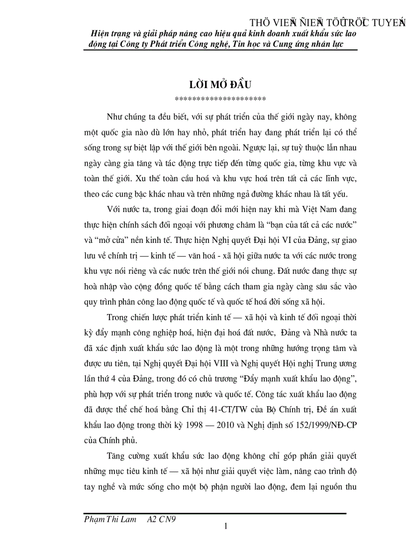 Hiện trạng và giải pháp nâng cao hiệu quả kinh doanh xuất khẩu sức lao động tại Công ty Phát triển Công nghệ Tin học và Cung ứng nhân lực