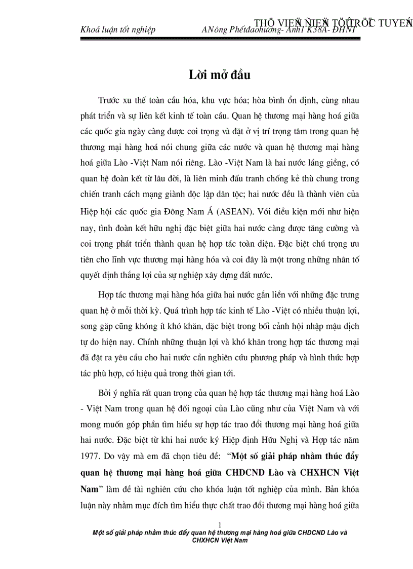 Một số giải pháp nhằm thúc đẩy quan hệ thương mại hàng hoá giữa CHDCND Lào và CHXHCN Việt Nam