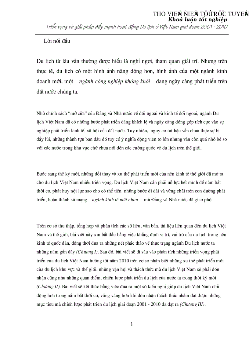 Triển vọng và giải pháp đẩy mạnh hoạt động Du lịch ở Việt Nam giai đoạn 2001 2010