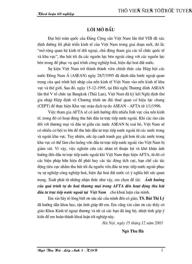 Ảnh hưởng của quá trình tự do hoá thương mại trong AFTA đến hoạt động thu hút đầu tư trực tiếp nước ngoài tại Việt Nam