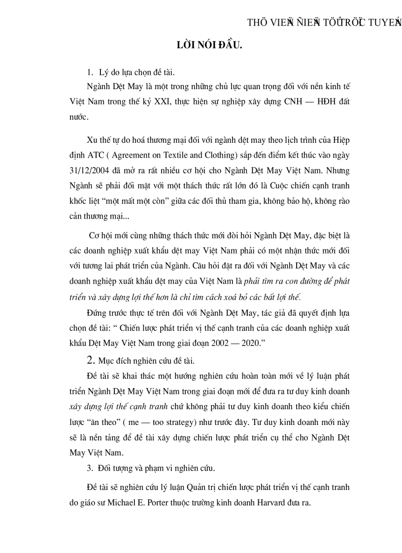 Chiến lược phát triển vị thế cạnh tranh của các doanh nghiệp xuất khẩu Dệt May Việt Nam trong giai đoạn 2002 2020