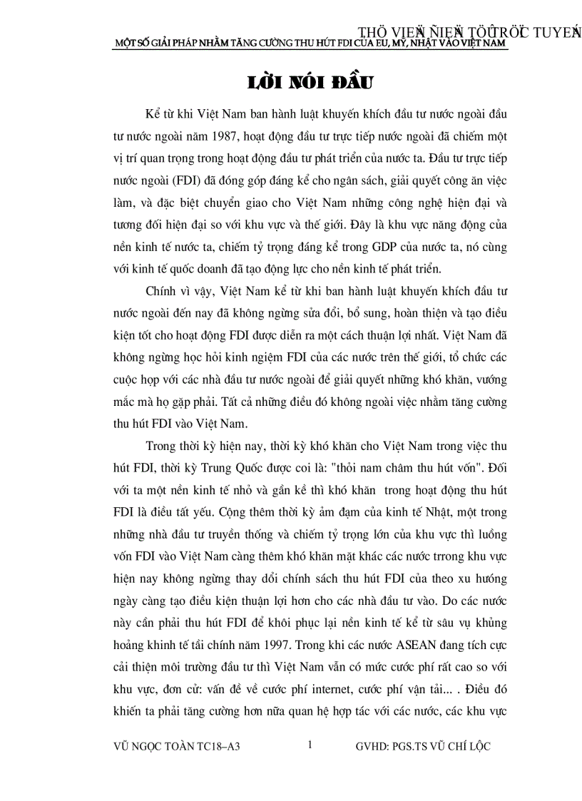 Một số giải pháp nhằm tăng cường thu hút vốn đầu tư nước ngoài của eu mỹ nhật vào việt nam