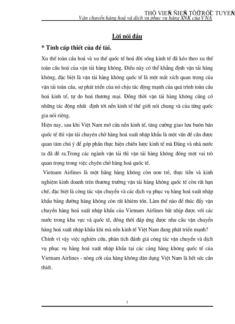 Nghiên cứu phân tích đánh giá công tác vận chuyển và dịch vụ phục vụ hàng hoá xuất nhập khẩu tại các cảng hàng không quốc tế của Vietnam Airlines