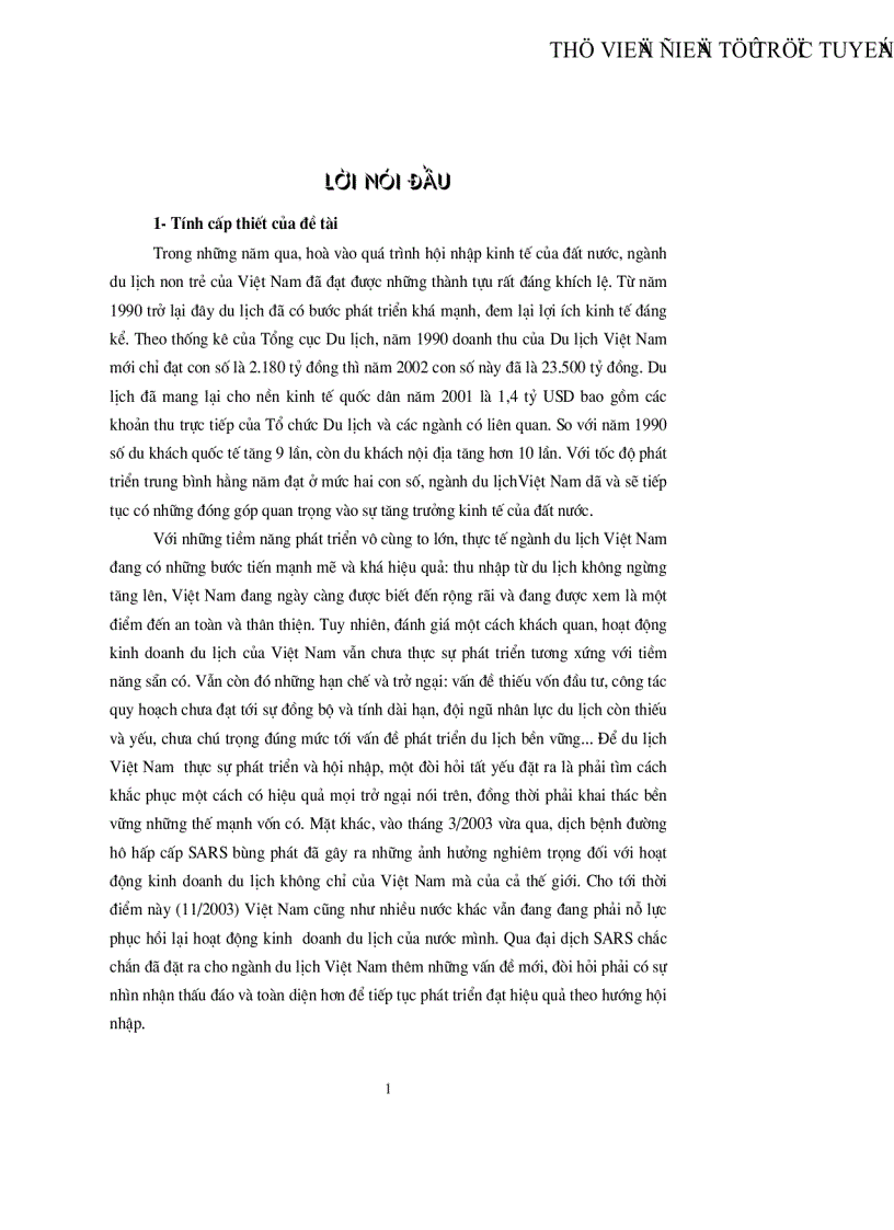 Hoạt động kinh doanh du lịch Việt Nam thời kỳ hậu SARS tình hình khắc phục và một số kiến nghị để tiếp tục phát triển theo xu hướng hội nhập