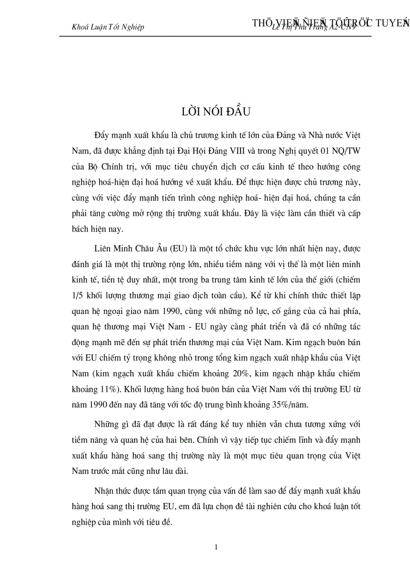 Đẩy mạnh Hoạt đông xuất khẩu hàng hoá của Việt nam vào thị trường EU giai đoạn 2001 2010 Thực trạng và giải pháp