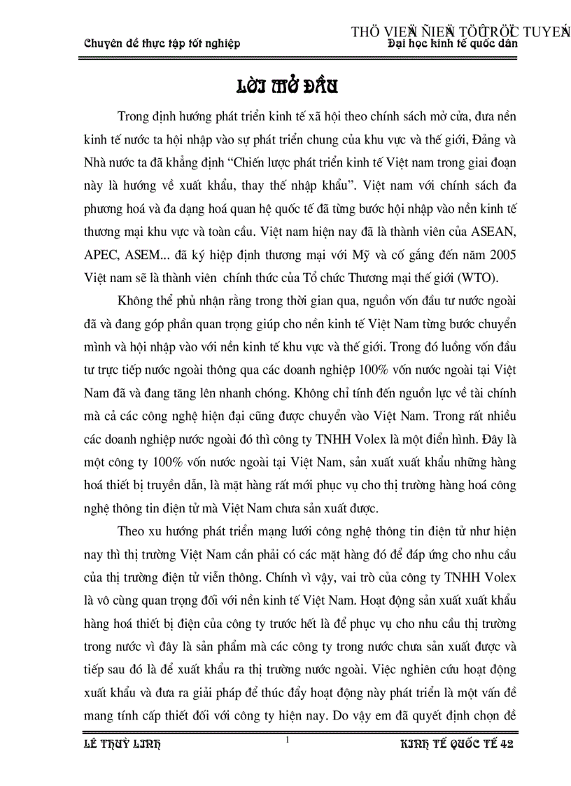 Thực trạng và giải pháp nhằm đẩy mạnh hoạt động xuất khẩu hàng hoá của công ty TNHH Volex Việt Nam trong tiến trình hội nhập Kinh tế Quốc tế