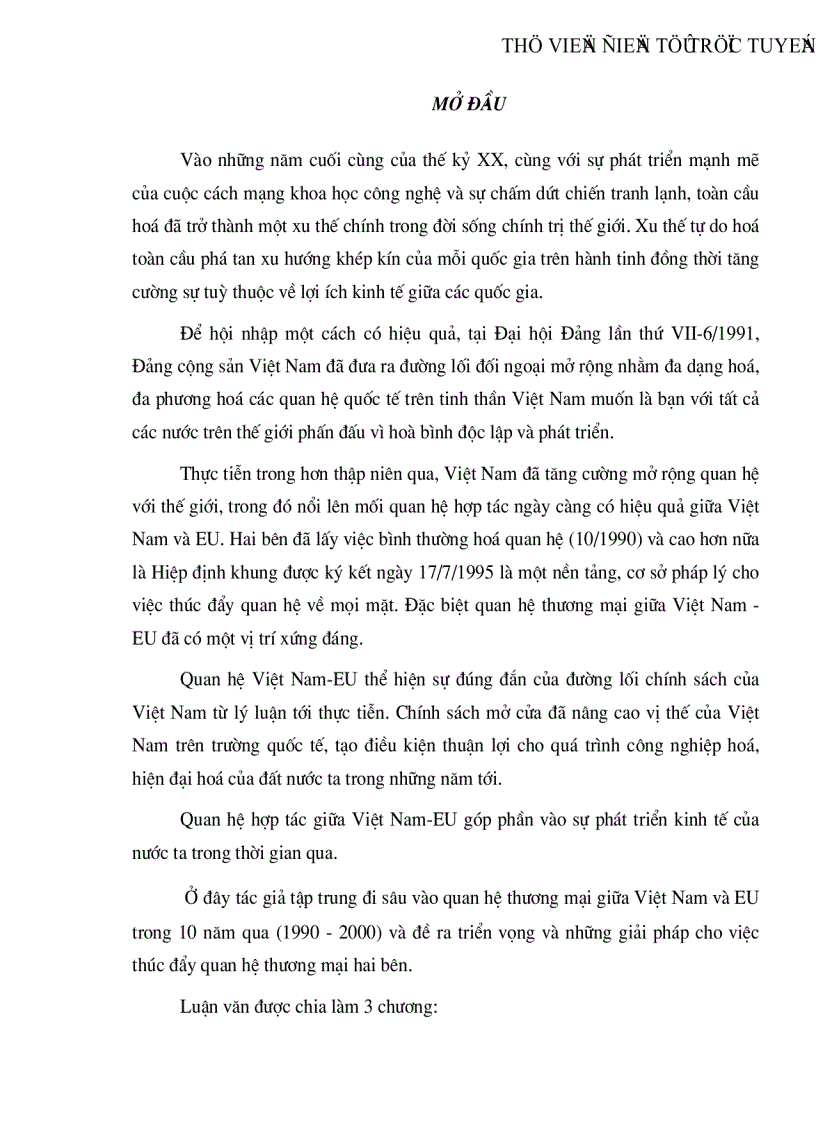 Quan hệ thương mại giữa Việt Nam và EU trong 10 năm qua 1990 2000 triển vọng và những giải pháp cho việc thúc đẩy quan hệ thương mại hai bên