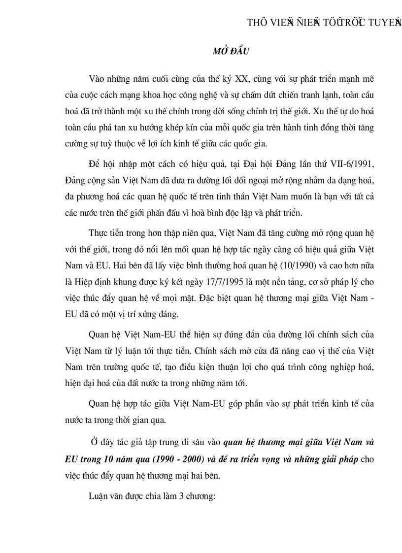Quan hệ thương mại giữa Việt Nam và EU trong 10 năm qua 1990 2000 và đề ra triển vọng và những giải pháp