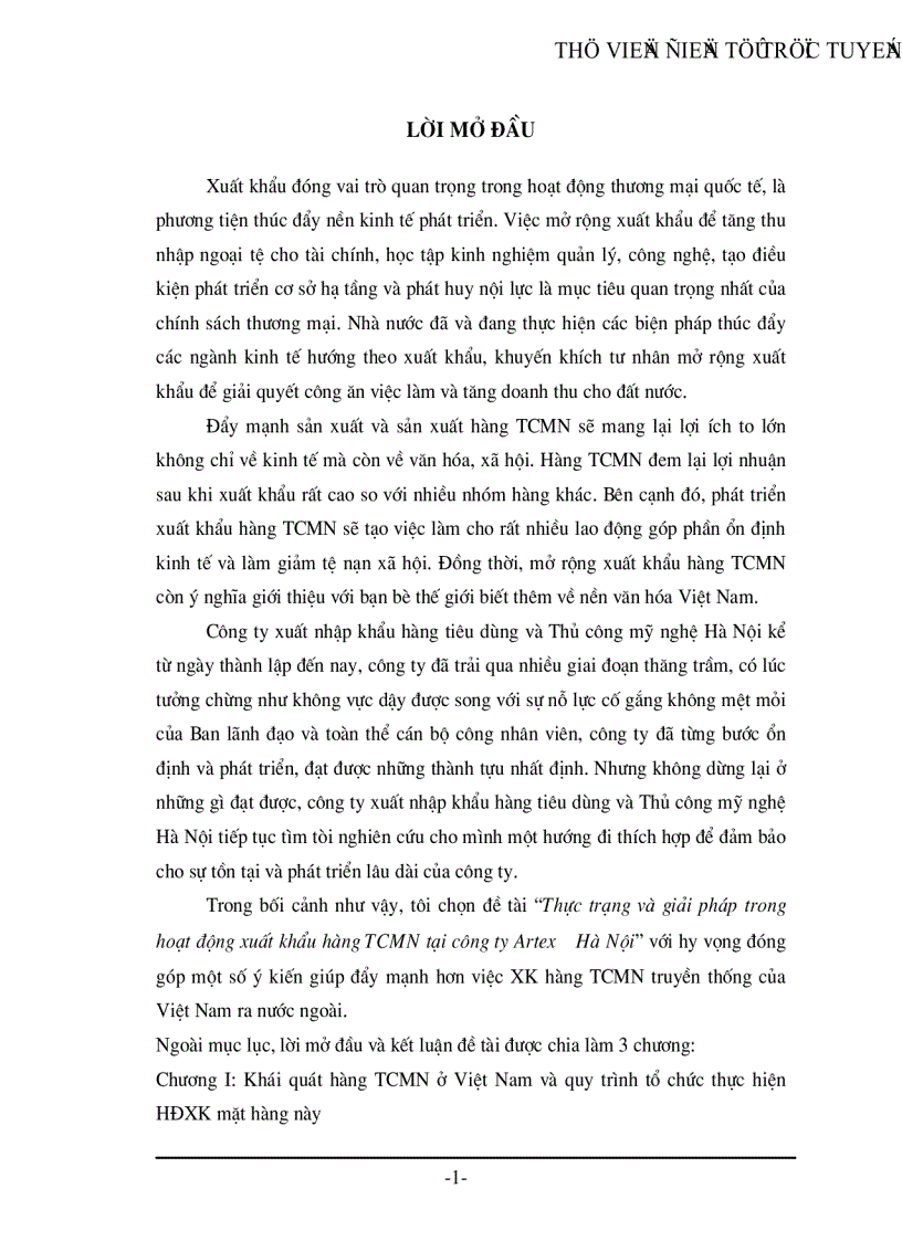 Thực trạng và giải pháp trong hoạt động xuất khẩu hàng TCMN tại công ty Artex Hà Nội