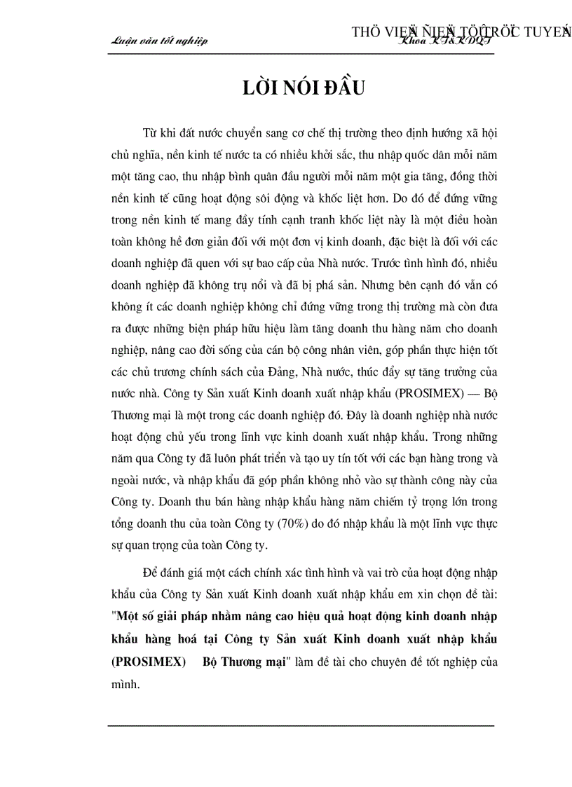 Một số giải pháp nhằm nâng cao hiệu quả hoạt động kinh doanh nhập khẩu hàng hoá tại Công ty Sản xuất Kinh doanh xuất nhập khẩu PROSIMEX Bộ Thương mại
